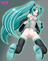 aqua_eyes aqua_hair ass blush bottomless censored female from_behind green_eyes green_hair harukigenia hatsune_miku long_hair looking_back no_panties pussy solo tied_hair twintails vocaloid