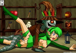 1boy 1girls breasts clothing female from_behind green_hair male nagano_tenzen nintendo nipples ocarina_of_time open_mouth pointy_ears purple_eyes rape saria sex short_hair skull_kid straight_hair tenzen the_legend_of_zelda torn_clothes vaginal_penetration