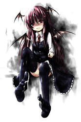 clothes color cum feet female female_only front_view hair head_wings koakuma kurona long_hair purple_hair red_eyes sitting solo succubus the_embodiment_of_scarlet_devil thighhighs touhou wings