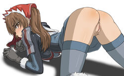 alicia_melchiott all_fours anus ass bent_over blush brown_eyes brown_hair clenched_teeth clothing color gloves headdress hou_(hachiyou) long_hair looking_back military_uniform no_panties pubic_hair pussy stockings tears thighhighs tied_hair top-down_bottom-up twintails uniform valkyria_chronicles valkyria_chronicles_1