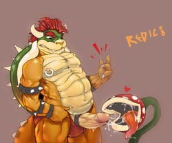 ambiguous_gender anthro bara big_lips_no_eyes bowser bracelets cock_ring dendrophilia dicksucking_creature erection fellatio finger_snap fingernails foreskin foreskin_folds gay great_demon_king_koopa green_head green_shell heart horns humanoid_penis intact interspecies koopa male male_nipples male_only male_thong mario_(series) masculine mostly_nude_male nintendo nipple_piercing nipple_rings oral penis penis_out piranha_plant plant red_hair redic redic-nomad retracted_foreskin scalie shell spiked_bracelet spiky_shell tentaclejob tongue uncut veiny_penis