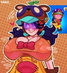 1girls areola areolae areolae_visible_through_clothing artist_signature big_breasts black_hair blush blush_face blush_lines blushing blushing_female bow brawl_stars breasts breasts_bigger_than_head clothed clothed_female dotted_background eyelashes female female_focus female_only huge_breasts hypnotic_eyes jacky_(brawl_stars) light-skinned_female light_skin orange_background orange_topwear popotch purple_eyes red_bow redraw reference_image simple_background solo solo_focus spiral_eyes steam steaming_body tanuki textless tinted_eyewear topwear twintails visor visor_cap visor_glasses