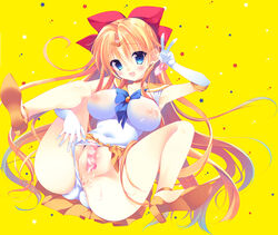 amanagi_seiji anus bishoujo_senshi_sailor_moon blonde_hair blue_eyes blush bow breasts clothing condom cum female female_only gloves hairbow human large_breasts long_hair looking_at_viewer magical_girl minako_aino nipples open_mouth orange_skirt panties sailor_venus see-through see-through_clothing skirt solo star starry_background tiara underwear used_condom v white_gloves white_panties yellow_background