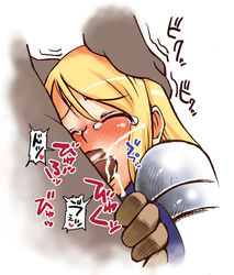 agrias_oaks blonde_hair blue_eyes blush closed_eyes cum cum_in_mouth dark-skinned_male deepthroat faceless faceless_male fellatio female final_fantasy final_fantasy_tactics final_fantasy_tactics_(original) gloves hands_on_head inui_takemaru male oral pauldrons penis sex straight tear translation_request trembling uncensored