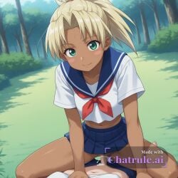 1girl ai_assisted ai_generated blonde_hair blue_skirt blush_stickers cowboy_shot cowgirl_position cum dark_skin dark_skinned_female dutch_angle full_body futanari green_eyes kaolla_su little_penis looking_at_viewer love_hina midriff mother_and_daughter navel outdoors pleated_skirt ponytail projectile_cum school_uniform serafuku sex size_difference skirt small_penis source_anime