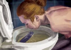 1female 1girls bent_forward bent_over blonde_hair cum degradation dildo eyes_closed head_in_toilet kneeling makeup mascara mascara_running naked naked_female nipples piss red_hair redhead saliva skinny skinny_female slave small_tits stockings stockings_only submissive submissive_female toilet toilet_slave wet wet_hair