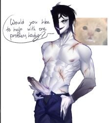 black_boxers black_hair blue_pants erect_penis erection gloves gloves_on gradient gradient_penis gradient_skin heterochromatic_eyes heterochromia looking_at_viewer looking_back_at_viewer mask masked_male muscles muscular muscular_arms muscular_chest muscular_male pale pale-skin pale-skinned_male pale_body pale_skin partially_clothed partially_clothed_male partially_undressed penis penis_out scars scars_all_over scars_on_chest solo solo_focus solo_male the_freak_circus ticket_taker_(the_freak_circus) unbuttoned unbuttoned_jeans unbuttoned_pants wearing_gloves