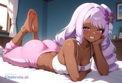 1girl ai_assisted ai_generated anklet bare_shoulders barefeet beautiful_eyes bedroom cleavage curvy_body dark_skin detailed_feet drill_hair eyes_half_closed feet_up grin hair_ornament long_hair looking_at_viewer narrow_waist petite prone_position purple_eyes purple_hair round_ass small_breasts soft_breasts the_pose tired wide_hips