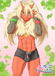 1boy 2012 avian balls blaziken blue_eyes bulge clothes hair long_hair looking_at_viewer male male_only muscles penis pokemon pokemon_(species) pokemorph red solo underwear zenmigawa