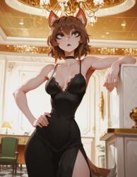 1girl :< ai_generated animal_ear_fluff animal_ears armpits bare_arms bare_shoulders black_choker black_dress breasts brown_eyes brown_hair chandelier choker cleavage collarbone covered_navel cowboy_shot dress dungeon_ni_deai_wo_motomeru_no_wa_machigatteiru_darou_ka fresk0n hand_on_own_hip indoors liliruca_arde medium_breasts short_hair side_slit sleeveless sleeveless_dress solo standing tail