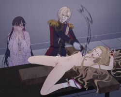 1boy 2girls black_hair blonde_hair blood breasts closed_eyes cross crucifixion guro hammer indoors long_hair medium_breasts multiple_girls nude nullchan purple_eyes