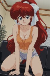 1boy 1girl absurdres adult ai_assisted ai_generated arm_support bangs barefoot big_breasts blinds blue_eyes bow breasts chan cleavage couch crop_top female grey_shorts hair_bow hair_ribbon heeven highres indoors kneeling large_breasts long_hair looking_at_viewer makeup male mature medium_breasts midriff navel patreon patreon_username perfect_body plant ponytail ranma ranma-chan ranma_saotome red_hair ribbon sensitive short_shorts shorts smile solo tank_top uncensored very_long_hair
