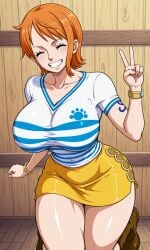 1girls ai_generated boobs closed_eyes clothing curvy female female_only houseofwaifu nami_(one_piece) one_piece orange_hair short_hair skirt smiling wide_hips wide_thighs