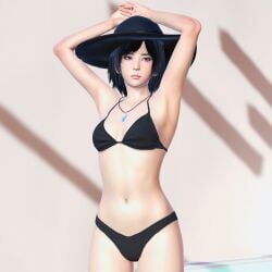 1girl 3d armpits bikini black_hair female honey_select_2 necklace original_character posing sauce_dip sayuri_(sauce_dip) small_breasts sun_hat