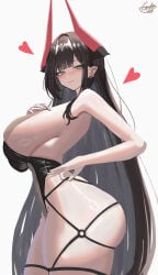 1girl absurdres azur_lane black_hair black_leotard breasts commentary_request cowboy_shot earrings from_side goetz_von_berlichingen_(azur_lane) green_eyes hand_on_own_chest heart highleg highleg_leotard highres horns huge_breasts jewelry leotard long_hair looking_at_viewer mechanical_horns multiple_earrings o-ring red_horns signature simple_background solo strap_pull very_long_hair white_background