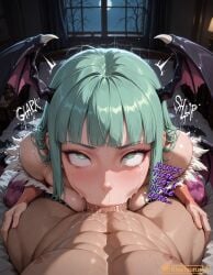 1boy 1girl :>= ai_generated bare_shoulders bat_print bat_wings blush breasts caption cheek_bulge clothed_female_nude_male comic comic_panel curvy darkstalkers deepthroat demon_girl demon_wings dripping dripping_precum fellatio green_eyes green_hair head_wings heart heart-shaped_pupils hetero huge_cock indoors kisstaurus large_breasts looking_at_viewer morrigan_aensland nude oral patreon penis pov pov_crotch saliva short_hair solo_focus sweat symbol-shaped_pupils uncensored wet wings