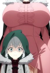 1girl age_difference ai_assisted ai_generated anime_screencap cable_knit cock_shock collared_dress confused curvy fear girl green_eyes green_hat grey_cardigan grey_hair huge_balls huge_penis long_sleeves pink_dress scared short_hair size_difference smile upper_body vaginal_penetration weird white_background