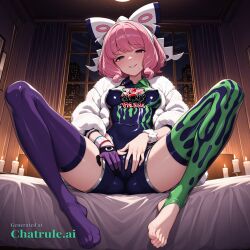 1girl ai_assisted ai_generated anime_screenshot asymmetrical_legwear bangs barefoot bow bracelet cameltoe candle_light candles collared_shirt covered_erect_nipples dark_room dynamax_band full_body gloves half_closed_eyes highres hotel_room jacket jewelry klara_(pokemon) leotard looking_at_viewer lying_on_back masturbating medium_breasts mismatched_legwear mole_under_mouth night on_bed open_mouth parted_lips partially_fingerless_gloves pink_hair purple_eyes rubbing_crotch shirt short_hair shorts shy single_glove sitting small_breasts smile solo spread_legs thighhighs viewed_from_below white_jacket window