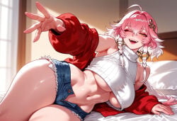 1girl 1girls ahoge ai_generated balecxi bare_shoulders beckoning bed blue_shorts blush braid breasts changli_(wuthering_waves) clothing crop_top cropped_sweater curtains curvaceous curvaceous_female curvaceous_figure curvy curvy_figure cutoffs denim denim_shorts earrings female female_focus fingernails hair_between_eyes hair_intakes hair_ornament indoors inviting inviting_to_sex jacket jewelry large_breasts linea_alba long_hair long_sleeves looking_at_viewer lying micro_shorts midriff multicolored_hair navel off_shoulder on_bed on_side one_eye_closed open_clothes open_fly open_jacket open_mouth open_shorts outstretched_hand pillow pink_hair presenting presenting_ass presenting_breasts presenting_hindquarters presenting_pussy presenting_self red_jacket seductive seductive_look seductive_smile short_shorts shorts sleeveless sleeveless_sweater sleeveless_turtleneck smile solo stomach sweater teeth thick_thighs thighs turtleneck turtleneck_sweater twin_braids two-tone_hair underboob upper_teeth_only virtual_youtuber voluptuous voluptuous_female white_hair white_sweater wide_hips window wuthering_waves yellow_eyes