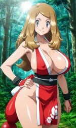 ai_generated bare_shoulders bare_thighs barely_clothed big_sister cleavage erect_nipples fatal_fury female forest game_freak grey_eyes honey_blonde_hair huge_breasts large_breasts long_hair mai_shiranui mai_shiranui_(cosplay) nature nearly_naked nearly_nude nintendo no_bra no_panties no_underwear onee-chan pixai pokemon pokemon_xy revealing_clothes serena_(pokemon) serena_(pokemon_games) silf smile snk solo tagme the_king_of_fighters thighs trees woods