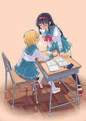 black_hair blonde_hair blush chair closed_eyes copyright_request crotch_rub desk female headband masturbation mechanical_pencil multiple_girls open_mouth pencil pudding320 saliva school_uniform sitting skirt standing sweat table_humping thighhighs yuri