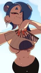 1girl 2026 absurd_res black_pants blushing breasts cleavage eyelashes eyeliner groin hair_over_one_eye hand_fan highres kath_hawkins looking_at_viewer makeup medium_breasts midriff naughty_face navel octarian octoling outdoors pants raised_eyebrows seductive_eyes shiver_(splatoon) solo splatoon splatoon_(series) splatoon_2 splatoon_3 splatoon_raiders stomach tentacle_hair thigh_gap topless underboob