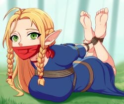 1girls arms_behind_back blonde_hair bondage bound bound_ankles bound_legs elf elf_ears female female_only femsub full_body gag gagged green_eyes hogtie outdoors png pointy_ears puffpow rope