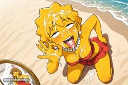 1girl ai_assisted ai_generated awaiting_cum bare_midriff beach cum_in_hair cum_on_face cum_on_hands earrings eyes_half_closed fellatio_gesture full_body hand_on_hip jewelry kneeling lisa lisa_simpson mirror naked necklace open_mouth oral_invitation smile taking_selfie the_simpsons tongue_out view_from_above yellow_skin