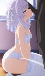 1boy 1gurls ai_generated big_penis classroom_of_the_elite lavender_hair licking_penis luminousfan1 penis penis_on_face sakayanagi_arisu tagme violet_eyes white_bra white_garter_belt white_panties
