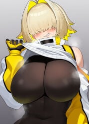 1girl absurdres blonde_hair blush bodystocking breasts clothes_lift covered_navel curvy elegg_(nikke) female female_only gloves goddess_of_victory:_nikke grin hair_over_eyes highres igarashi_gozo large_breasts simple_background smile solo upper_body