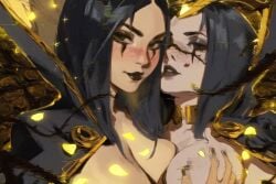 2girls ai_art ai_assisted ai_generated aisei artistic_background black_eyes black_hair black_rose cape chains clone clones female female_only glitch glitch_effect glitching glitter gold_jewelry golden_bikini golden_earrings grabbing_breasts illusion league_of_legends league_of_legends:_wild_rift leblanc lesbian makeup mimic naked naked_female rose rose_petals roses thorns twins vines