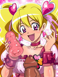 1boy 1girls artificial_vagina assisted_masturbation blonde_hair blush censored clothing cure_peach earrings erection female fresh_precure! hair_ornament magical_girl male momozono_love nail_polish naughty_face onahole open_mouth penis perspective pov precure pretty_cure purple_eyes raburebo sex_toy smile tied_hair twintails veins veiny_penis