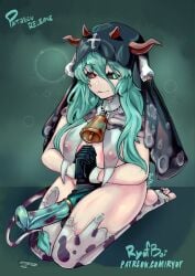 1girl animal_ears animal_genitalia_on_humanoid animal_penis bell black_sclera breasts coffin_hair_ornament colored_penis colored_sclera commentary cow_ears cow_girl cow_horns cow_print_socks cow_tail cowbell crelly crelly_(mold_mother) english_commentary futanari grey_sclera heterochromia highres horns indie_virtual_youtuber mold mole mole_under_mouth nipples penis ryufboi solo tail virtual_youtuber