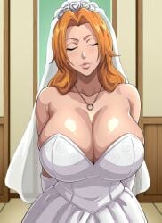 1girls ai_generated big_breasts bleach bleach:_the_thousand-year_blood_war cleavage closed_eyes curvy curvy_body curvy_female curvy_figure gloves huge_breasts imminent_kiss kyoru189 large_breasts light-skinned_female light_skin long_hair matsumoto_rangiku mature_female milf necklace orange_hair seductive seductive_pose shiny shiny_skin solo solo_female standing wedding_dress