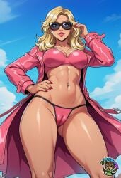 ai_art ai_generated blonde_hair breasts cameltoe fortnite fortnite:_battle_royale fortnite_skin glasses mixxiru pierced_belly_button raincoat thong thong_bikini