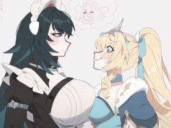 2girls bangs big_breasts blonde_hair blush breast_size_difference breast_to_breast breastmogging breasts_bigger_than_head character_request curls danica_(genshin_impact) fancy_clothing female/female fully_clothed fully_clothed_female genshin_impact green_hair implied_yuri long_hair long_ponytail maid maid_headdress ponytail small_breasts sweatdrop sweating
