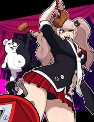 1boy 2d 2d_artwork 2girl 2girls 2girls1boy bra bra_visible caucasian caucasian_female crazy_eyes crazy_female crazy_smile danganronpa exposed_bra exposed_panties hammer imminent_death junko_enoshima long_fingernails monokuma muds no_sex oc original original_character pale-skinned_female panties_visible_under_skirt pigtails pink-haired_female red_fingernails red_skirt safe_for_work sfw short_skirt skirt teenage_female teenage_girl teenager tie visible_bra white_female