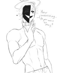 black_and_white collar collar_only collared heterochromatic_eyes heterochromia mask masked_male muscular muscular_arms muscular_chest muscular_male naked_chest semi_clothed semi_nude sharp_nails short_hair solo solo_focus solo_male the_freak_circus ticket_taker_(the_freak_circus) top_hat