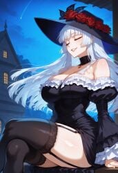 07th_expansion ai_generated black_choker black_stockings black_thighhighs blunt_bangs choker closed_eyes cougar frills garter_straps huge_ass huge_breasts large_ass large_breasts legs_crossed long_sleeves mature_female milf night night_sky outdoors pale-skinned_female pale_skin puffy_sleeves short_dress silver_hair solo_female thick_thighs thigh-highs thigh_focus umineko_no_naku_koro_ni virgilia white_hair witch