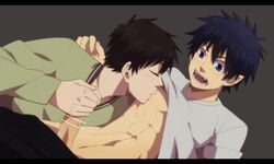 ao_no_exorcist blue_eyes brother gay handjob incest male male_only muscle okumura_rin okumura_yukio penis resfrio shirt_lift twincest twins yaoi