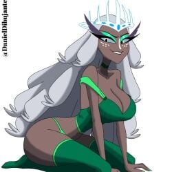 2d accurate_art_style angel artist_name artist_request black_woman cleavage crown dark-skinned_female dark_skin eyeshadow fanart_from_twitter female green_eyeshadow green_legwear green_panties green_topwear hazbin_hotel headgear headwear huge_breasts kneeling long_hair milf mommy naughty_face no_ai posing sera_(hazbin_hotel) seraph_(angel) solo twitter_link unknown_artist vivienne_medrano vivienne_style white_background white_hair