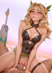 1boy 1girl ai_generated bare_shoulders biting blonde_hair blue_eyes blush breasts cleavage clothed_sex clothing_cutout collarbone covered_navel cowgirl_position cum cum_in_pussy explicit flower girl_on_top hair_flower hair_ornament hairband hetero jewelry lip_biting lips long_hair magik_(illyana_rasputin) magik_(marvel_rivals) marvel marvel_comics marvel_rivals medium_breasts nuageeart official_alternate_costume one-piece_swimsuit overflow penis pov pussy sex solo_focus spread_legs straddling sweat swimsuit thigh_strap trembling uncensored vaginal x-men yellow_flower