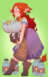 1girls artist_request big_breasts blue_eyes blush blushing breast_milk breast_milk_in_container breast_milk_squirting breasts breasts_bigger_than_head cow_girl cow_tag cow_tail ear_tag female female_focus female_only fully_clothed fully_clothed_female hucow lactating lactating_nipples lactation lactation_through_clothes large_breasts long_hair malon milk milk_bottle milk_squirt nipple_bulge nipples nipples_visible_through_clothing ocarina_of_time overflowing_breasts red_hair selling selling_milk solo solo_female solo_focus straining_clothing the_legend_of_zelda wardrobe_malfunction women_livestock
