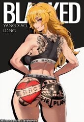 1girl ai_generated anime basicallynomore black_panties black_sports_bra blacked blacked_clothing female female_only looking_at_viewer pubic_tattoo qos qos_clothing qos_tattoo queen_of_spades queen_of_spades_symbol queen_of_spades_tattoo rwby sportswear tattoo tattoos white_skin yang_xiao_long
