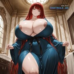1girl ai_assisted ai_generated blue_eyes blue_robe breasts_spilling_out clothes_too_small curvaceous_body enormous_breasts enormous_hips enormous_thighs green_eyes head_tilt home indoors intimate legs looking_at_viewer looking_down massive_breasts morgana oversized_breasts perfect_body portrait red_hair scenery slut succubus three_quarter_view tiny_waist uncensored voluptuous_body whore