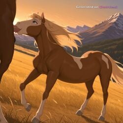 1girl 1girl1boy ai_assisted ai_generated arousal blonde_hair blonde_mane blowjob blue_eyes brown_skin close_up closed_mouth cock deepthroat detailed_background dutch_angle equine erect eyes_rolled_back fellatio full_body furry_female grey_hooves hooves horse intimate licking looking_up lustful moaning mountains multicolored_body oral_sex penis pleasure quadruped quivering realistic saliva side_view sky slobber smile solo suction sunset tongue wind windy worship