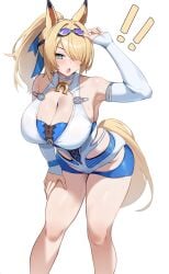 1girl arm_up armpits bare_shoulders blonde_hair blue_eyes blush cleavage covered_collarbone dush_1154 goggles_on_head horse_ears horse_girl horse_tail large_breasts leaning_forward long_hair looking_at_viewer one_eye_closed open_mouth ponytail sigrid_(zenless_zone_zero) solo swim_goggles thighs white_one-piece_swimsuit zenless_zone_zero