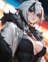 1girl ai_generated arlecchino_(genshin_impact) black_eyes black_hair blurry blurry_background breasts cleavage coat fresk0n fur-trimmed_coat fur_trim genshin_impact hair_between_eyes large_breasts looking_at_viewer multicolored_hair open_clothes parted_lips red_pupils short_hair solo streaked_hair symbol-shaped_pupils two-tone_hair upper_body white_coat white_hair x-shaped_pupils