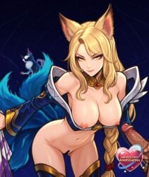 1boy 1girls ahri_(league_of_legends) ai_generated animal_ears artist_name ass_visible_through_thighs bar_censor bare_shoulders bent_over blonde_hair blue_background blue_thighhighs bottomless braid breasts breasts_out cat censored choker cleavage closed_mouth collarbone cowboy_shot dark-skinned_male detached_collar detached_sleeves erection eyeshadow facial_mark fox fox_ears fox_girl fox_tail gold_trim gradient_background half-closed_eyes hanging_breasts heart hetero holding jewelry k/da_(league_of_legends) kitsune korean_clothes kyuubi large_breasts league_of_legends leaning_forward lips long_hair long_sleeves looking_at_viewer makeup male_masturbation multiple_tails naughty_face navel nipples off_shoulder parted_bangs patreon_username penis pink_lips pussy red_lips seductive_smile shirt_pull sidelocks simple_background single_braid smile solo_focus standing stomach swept_bangs tail testicles thigh_gap thighhighs thighs veins veiny_penis very_long_hair watermark whisker_markings wide_sleeves yellow_eyes