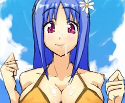 blue_hair breasts cum cum_on_body cum_on_breasts cum_on_upper_body facial female flower gin hair_flower hair_ornament original purple_eyes sky smile swimsuit